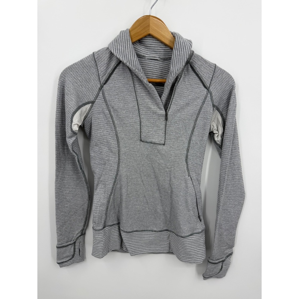 Lululemon Run: Stay Warm 1/2 Zip Pullover Women 4 Gray‎ Striped Thumbholes